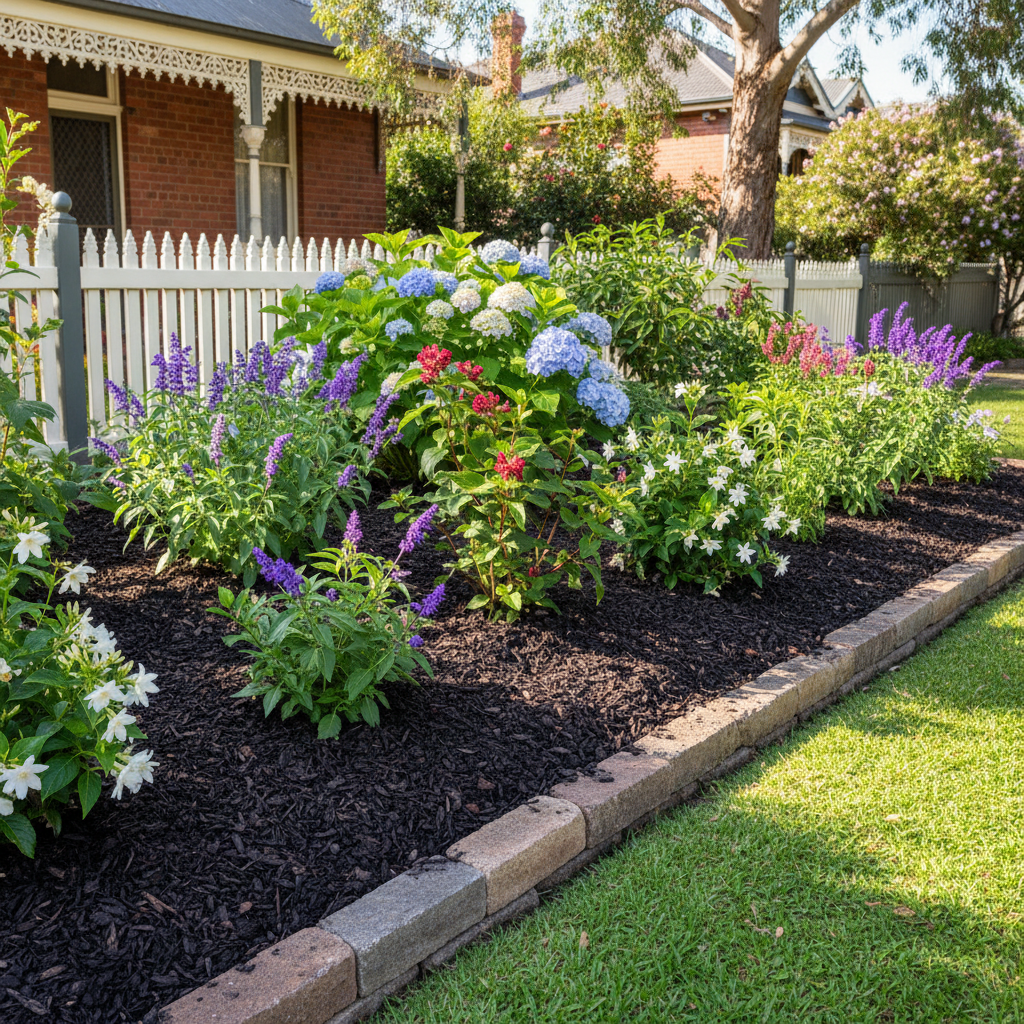 Well-maintained garden bed with fresh mulch